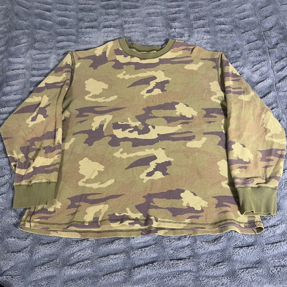 Old Navy XXL Camo Waffle Knit Thermal Long Sleeve Shirt Green Brown Camouflage